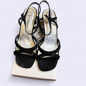 Caparros "Sparky" Vintage Y2K Black Satin Rhinestone Block Heel Sandals
